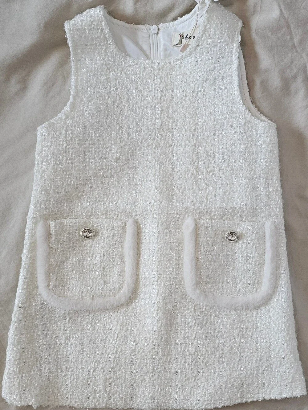 Doe A Dear White Tweed Two-Piece Jacket and Pinafore Set Fur Toddler Girls 2T